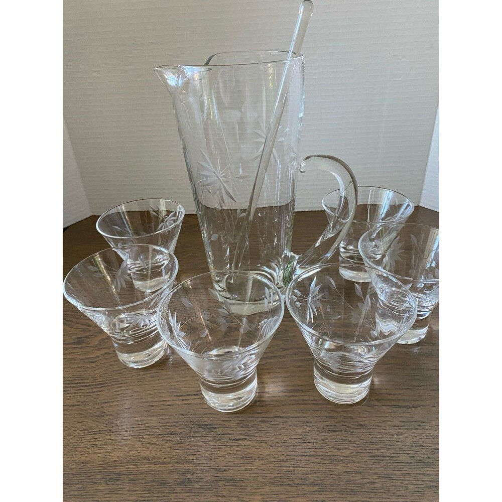 Vintage Cut Glass Cocktail Set ( Includes, Pitcher, 6 Matching Glasses, Stir